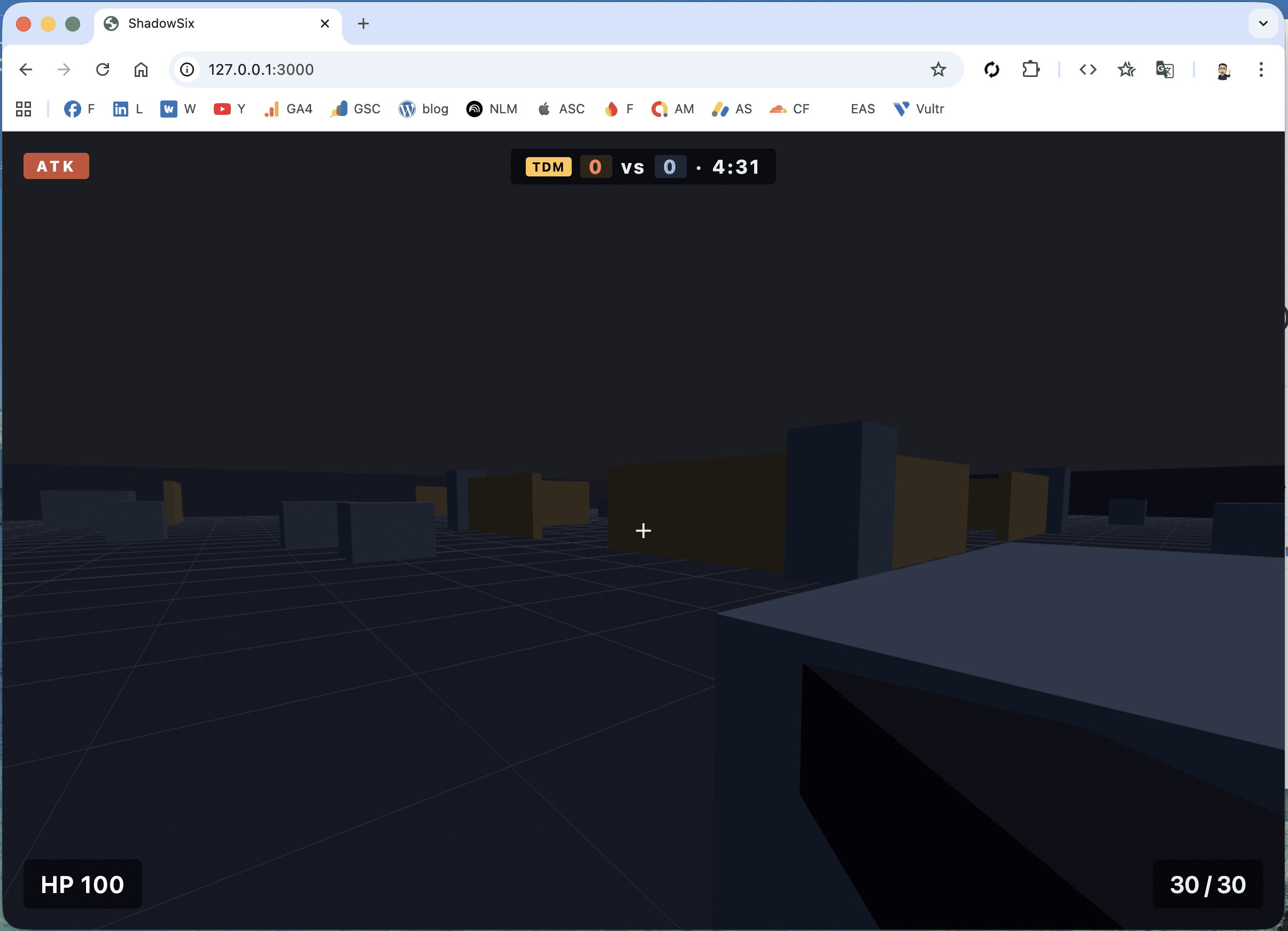 ShadowSix 게임 플레이 화면 — 공격(ATK) 팀, HP 100, 30/30 탄창, 3D 블록 맵