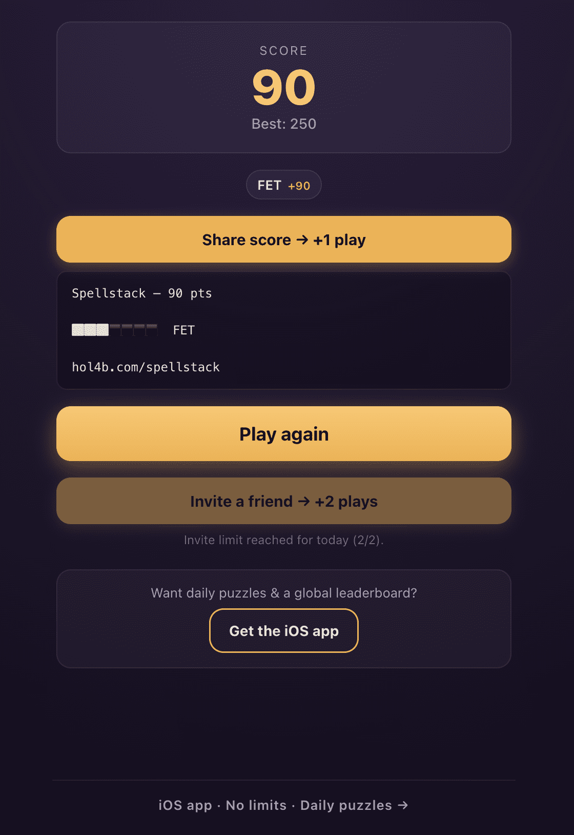 SpellStack web — end of game screen