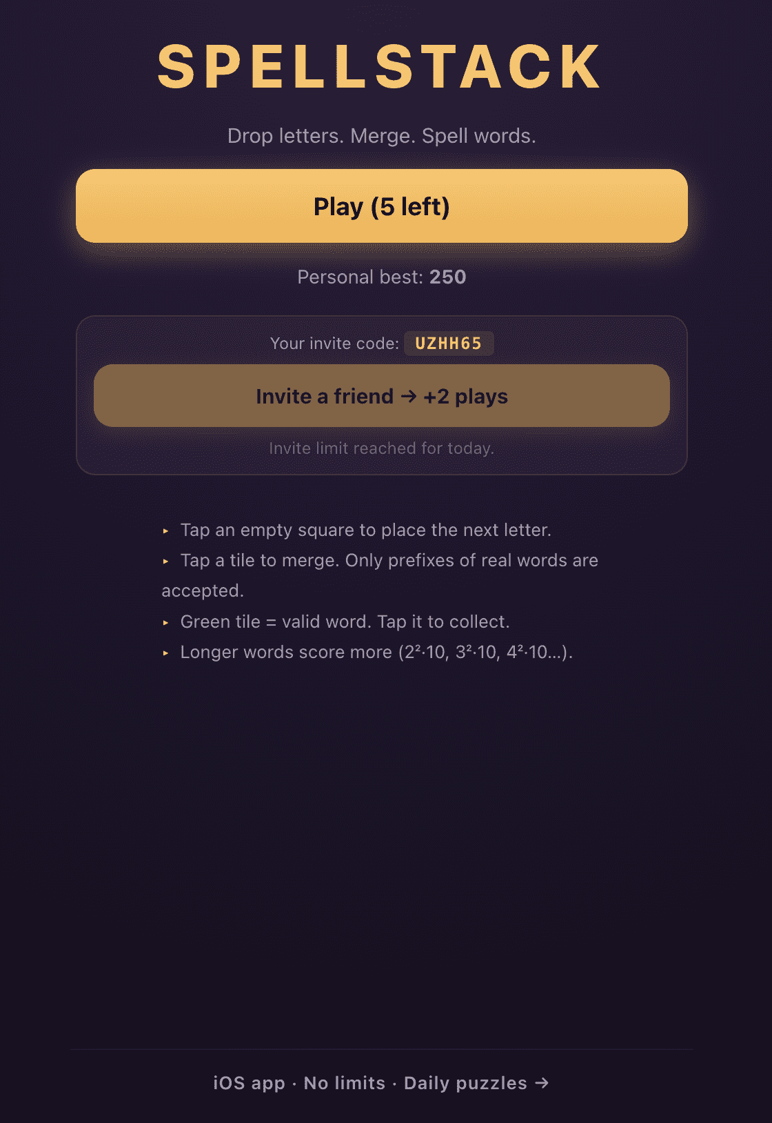 SpellStack Web — Play the Drop-Merge Word Puzzle in Your Browser