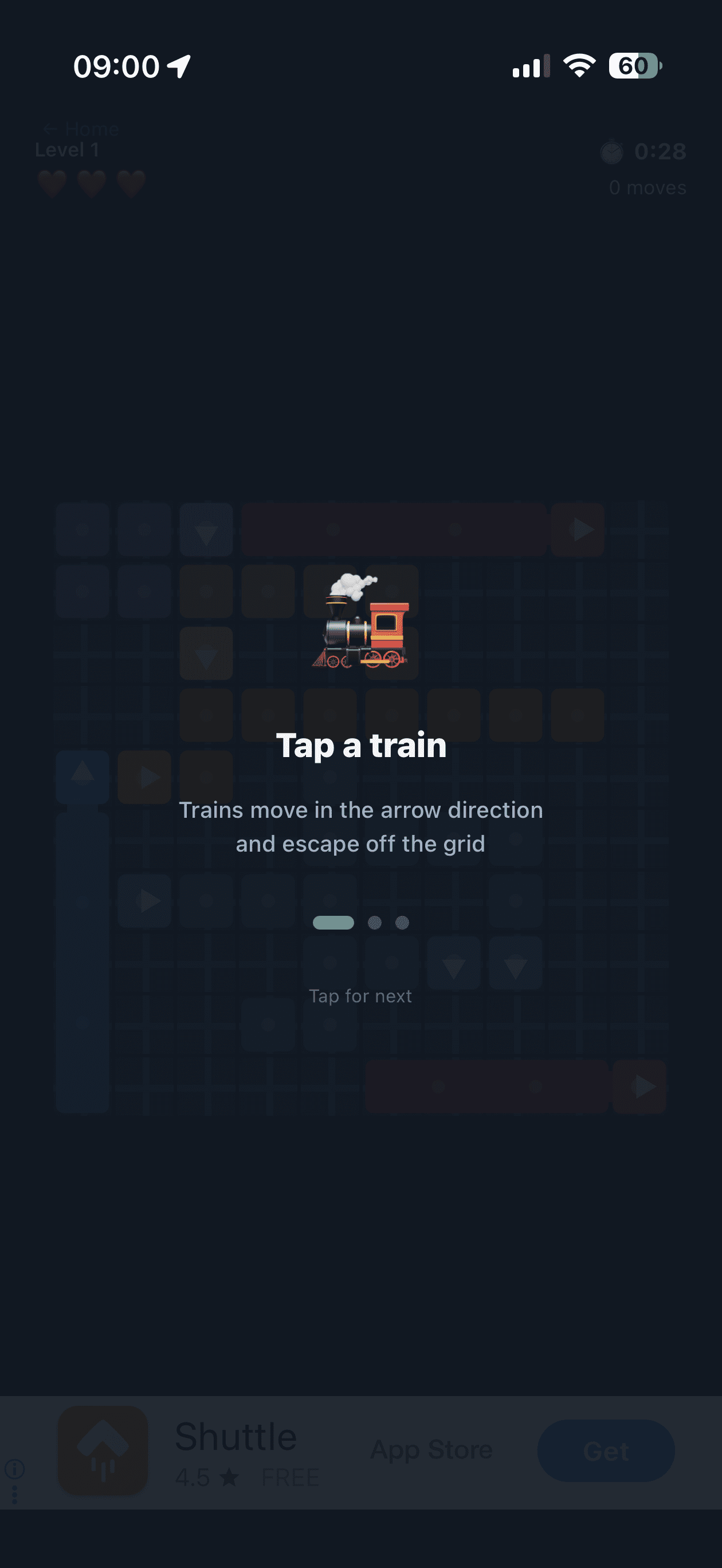 Trains Out level 1 tutorial - Tap a train
